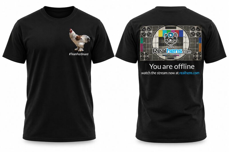 Black RealHens shirt with Ferdinand on the chest and the test card on the back