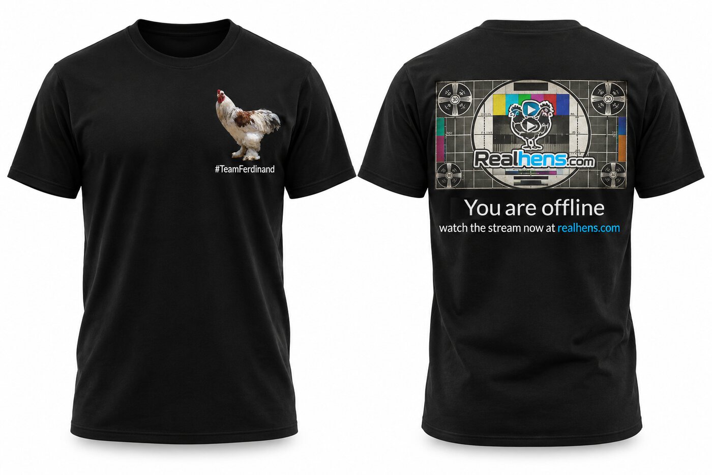 Black RealHens shirt: Ferdinand on the chest, test card on the back
