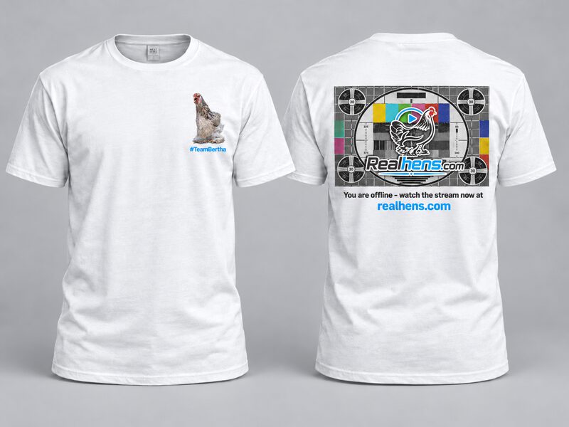 White RealHens shirt with Bertha on the chest and the test card on the back