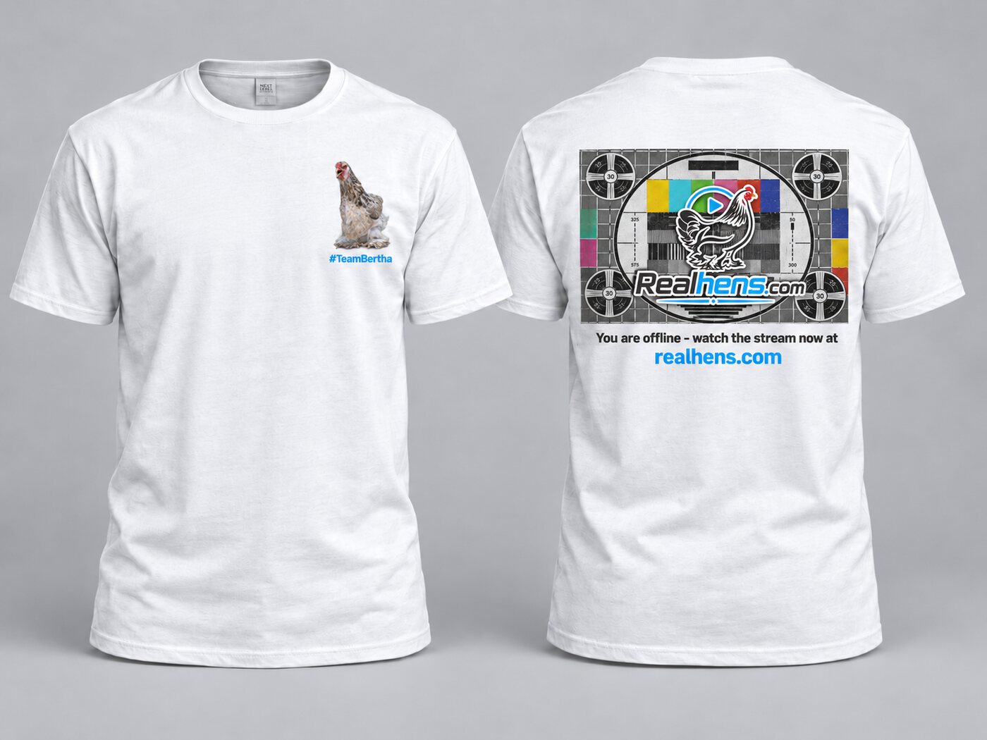 White RealHens shirt: Bertha on the chest, test card on the back